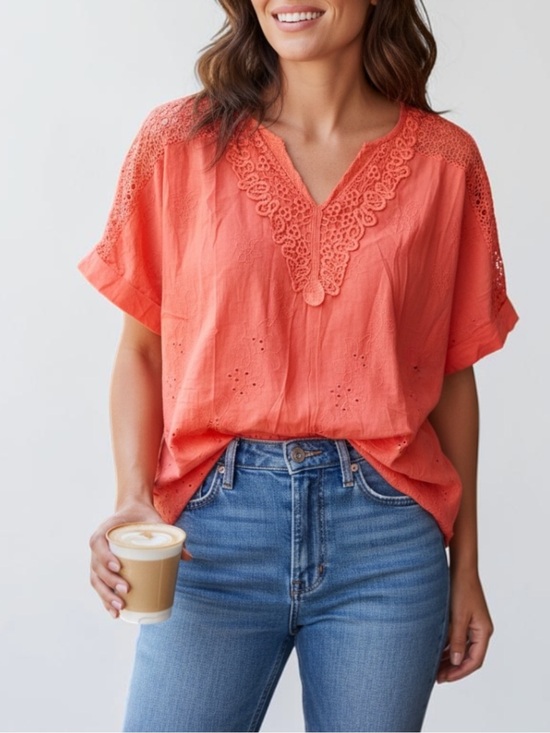 None Tops - Women’s Coral Lace Trim V-Neck Top